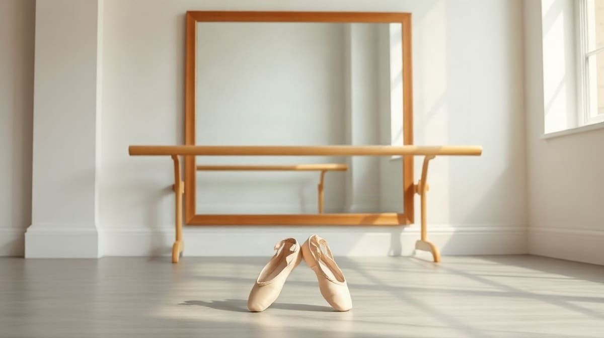 Chaussons de danse classique posés au pied d’une barre dans un studio vide