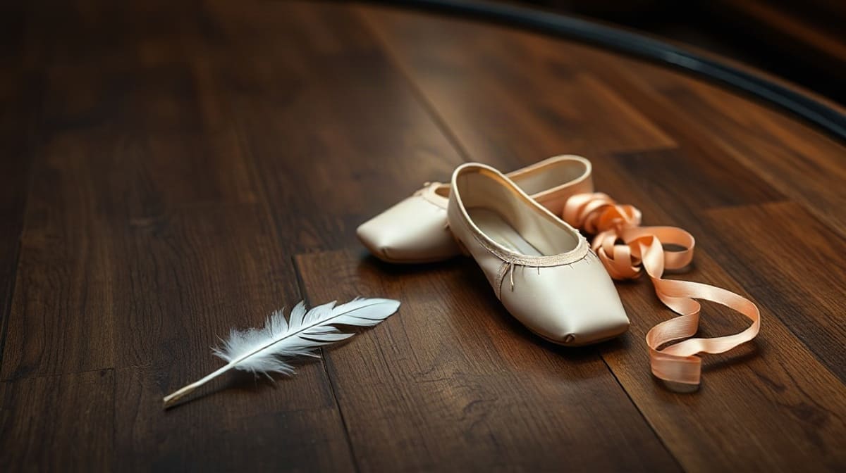 Plume blanche et chaussons de pointe posés sur un plancher de scène