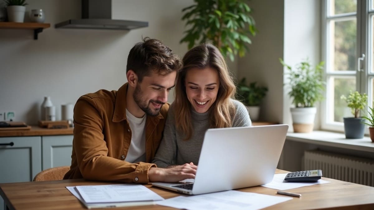 Un couple compare une simulation d’assurance emprunteur sur un ordinateur portable, documents de prêt sur la table